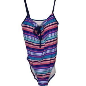 Time And Tru One Piece Swimsuit Lace Up Front Multi-Color Striped Size XL